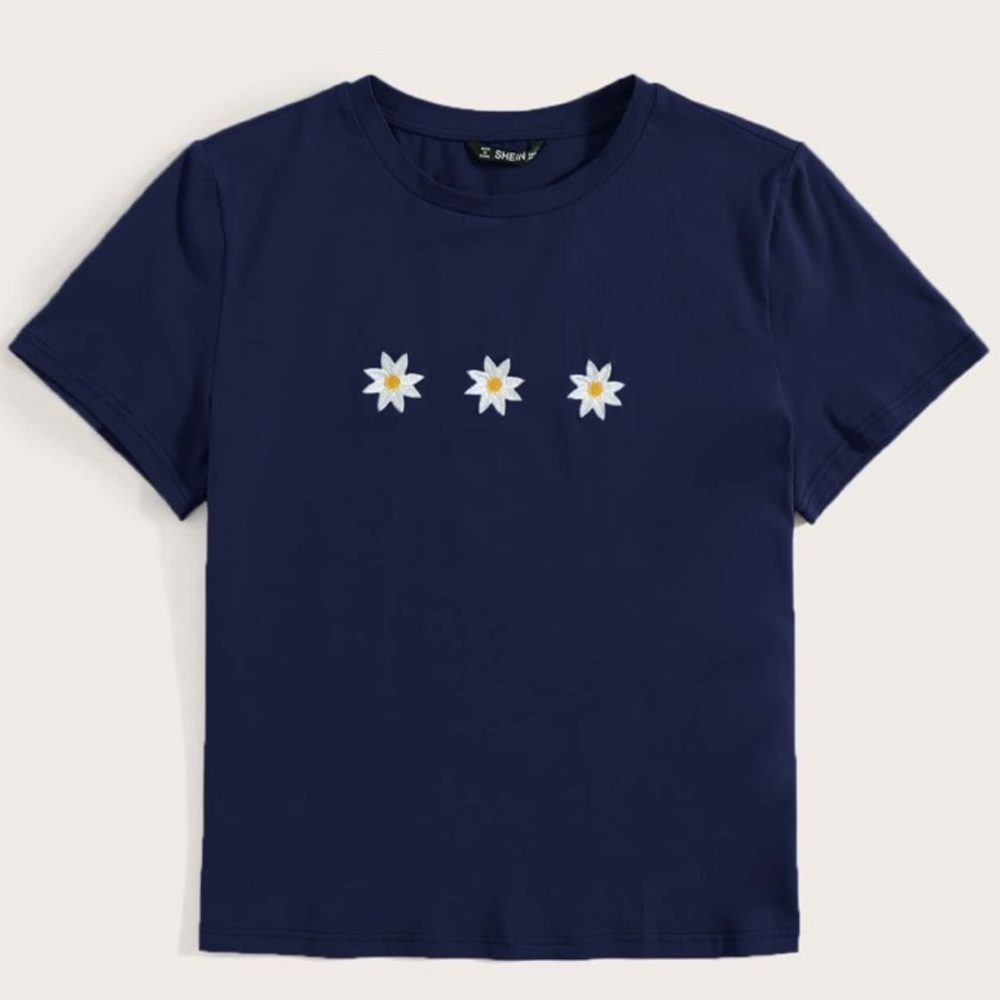 2/$20- SHEIN Navy Blue Embroidered Graphic Tee
